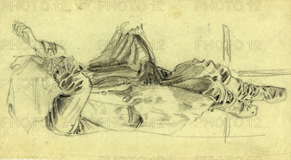 Single reclining figure with cloth over face, 1860-1865, by Alfred R Waud, 1828-1891, an american artist famous for his American Civil War sketches, America, US, drawing, 1862-1865, by Alfred R Waud, 1828-1891, an american artist famous for his American Civil War sketches, America, US