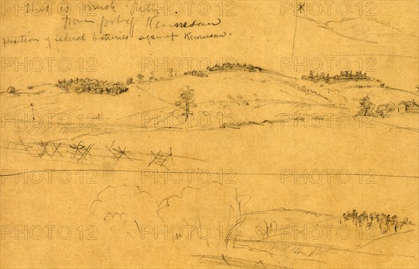 This is Brush Mountain from foot of Kennesaw. Position of federal batteries against Kennesaw, 1864 June 27?, 1862-1865, by Alfred R Waud, 1828-1891, an american artist famous for his American Civil War sketches, America, US, drawing, 1862-1865, by Alfred R Waud, 1828-1891, an american artist famous for his American Civil War sketches, America, US
