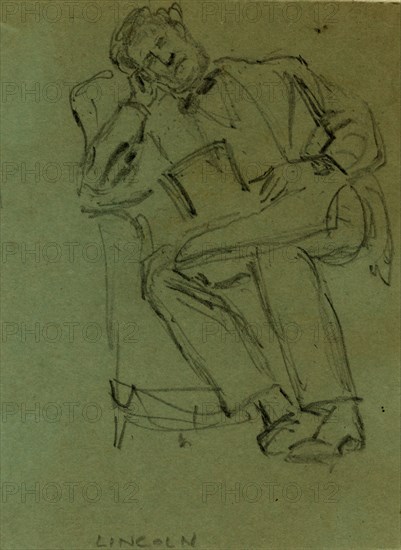 Lincoln resting in chair, top hat in lap, 1862-1865, by Alfred R Waud, 1828-1891, an american artist famous for his American Civil War sketches, America, US, 1862-1865, by Alfred R Waud, 1828-1891, an american artist famous for his American Civil War sketches, America, US
