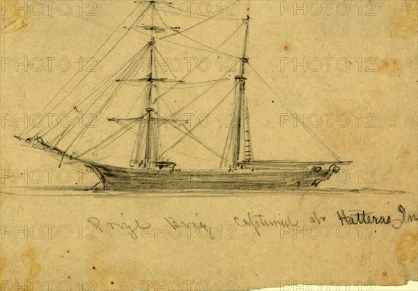 Prize brig captured at Hatteras Inlet, 1861 August, drawing on cream paper pencil, 9.7 x 14.7 cm. (sheet), by Alfred R Waud, 1828-1891, an american artist famous for his American Civil War sketches, America, US, 1862-1865, by Alfred R Waud, 1828-1891, an american artist famous for his American Civil War sketches, America, US