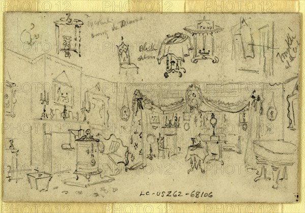 Parlor, Abraham Lincoln home, Springfield, Illinois, 1865 May, drawing on cream paper pencil, 9.9 x 6.4 cm. (sheet), by Alfred R Waud, 1828-1891, an american artist famous for his American Civil War sketches, America, US, 1862-1865, by Alfred R Waud, 1828-1891, an american artist famous for his American Civil War sketches, America, US
