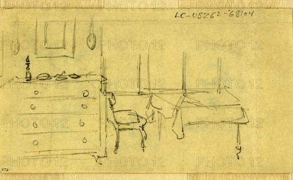 Bedroom, Abraham Lincoln home in Springfield, Illinois, 1865 May, drawing on cream paper pencil, 6.1 x 10.9 cm. (sheet), by Alfred R Waud, 1828-1891, an american artist famous for his American Civil War sketches, America, US, 1862-1865, by Alfred R Waud, 1828-1891, an american artist famous for his American Civil War sketches, America, US