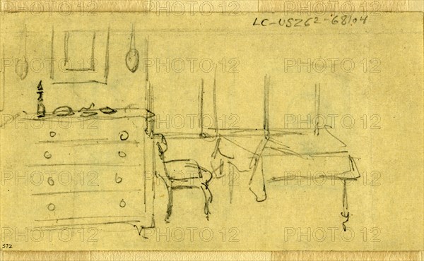 Bedroom, Abraham Lincoln home in Springfield, Illinois, 1865 May, drawing on cream paper pencil, 6.1 x 10.9 cm. (sheet), by Alfred R Waud, 1828-1891, an american artist famous for his American Civil War sketches, America, US, 1862-1865, by Alfred R Waud, 1828-1891, an american artist famous for his American Civil War sketches, America, US