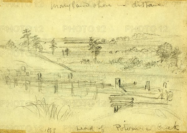 Head of Potomac Creek, 1863, drawing on cream paper pencil, 13.7 x 9.5 cm. (sheet), 1862-1865, by Alfred R Waud, 1828-1891, an american artist famous for his American Civil War sketches, America, US