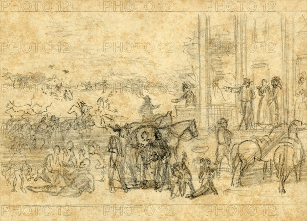 Military encampment at plantation house, 1864, drawing, 1862-1865, by Alfred R Waud, 1828-1891, an american artist famous for his American Civil War sketches, America, US