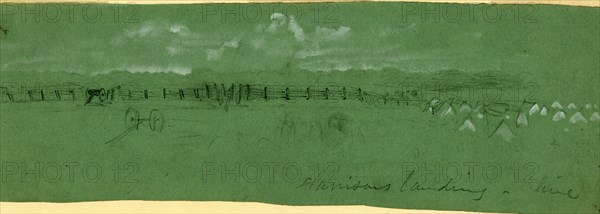 Harrisons landing-line, 1862 July-August, drawing, 1862-1865, by Alfred R Waud, 1828-1891, an american artist famous for his American Civil War sketches, America, US