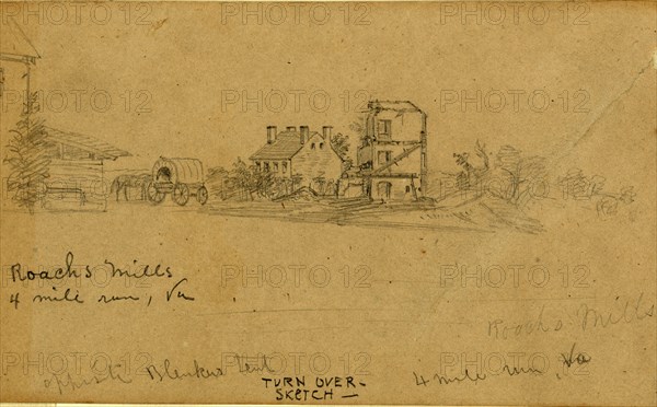 Roachs Mills. 4 mile run Va,  1861-1863, drawing, 1862-1865, by Alfred R Waud, 1828-1891, an american artist famous for his American Civil War sketches, America, US