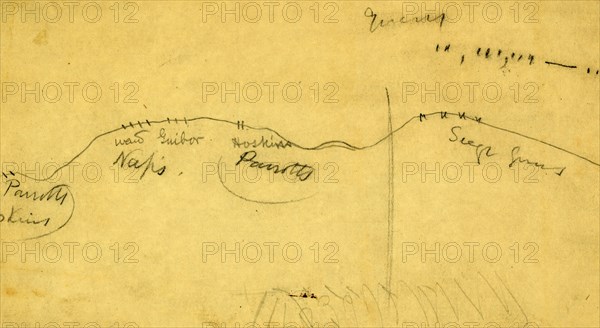 Map of Battlefield, gun and troop placement,  1860-1865, drawing, 1862-1865, by Alfred R Waud, 1828-1891, an american artist famous for his American Civil War sketches, America, US