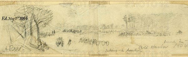 Taking up position, Cold Harbor, June 2, 1864, drawing, 1862-1865, by Alfred R Waud, 1828-1891, an american artist famous for his American Civil War sketches, America, US