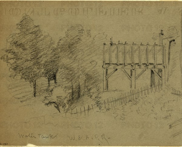 Water Tank, W.& A.R.R, 1860-1865, drawing, 1862-1865, by Alfred R Waud, 1828-1891, an american artist famous for his American Civil War sketches, America, US