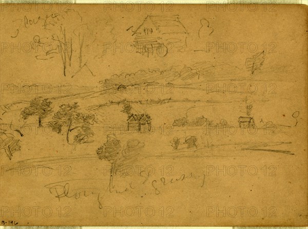 Battlefield landscape, 1860-1865, drawing, 1862-1865, by Alfred R Waud, 1828-1891, an american artist famous for his American Civil War sketches, America, US