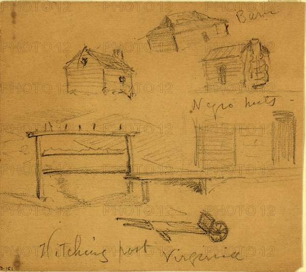 Hitching post, Virginia, 1860-1865, drawing, 1862-1865, by Alfred R Waud, 1828-1891, an american artist famous for his American Civil War sketches, America, US