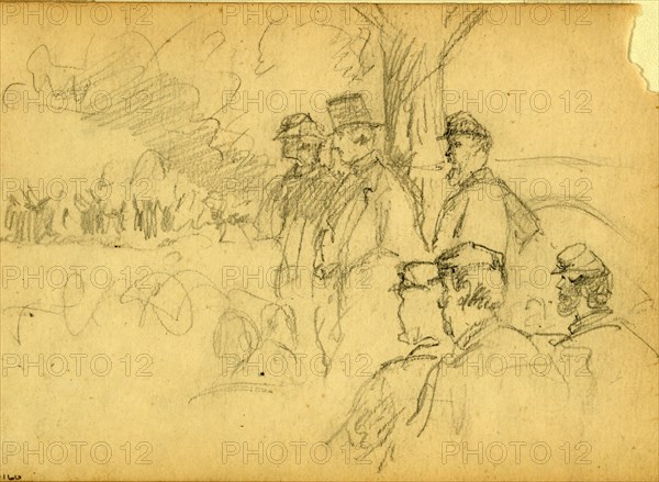 Officers and gentlemen watching a ceremony from a tree, 1861-1865, drawing, 1862-1865, by Alfred R Waud, 1828-1891, an american artist famous for his American Civil War sketches, America, US