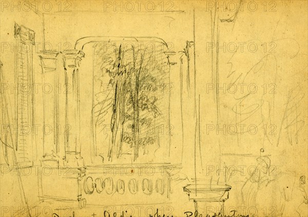 Porch at Aldie, where Pleasontons staff slept, 1863 June 17, drawing, 1862-1865, by Alfred R Waud, 1828-1891, an american artist famous for his American Civil War sketches, America, US