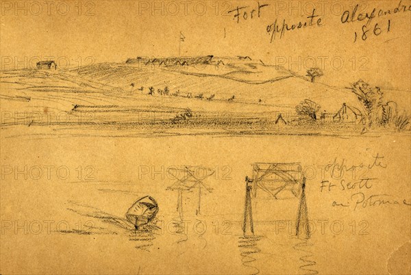 fort opposite Alexandria, 1861, opposite Ft. Scott on Potomac, 1861, drawing, 1862-1865, by Alfred R Waud, 1828-1891, an american artist famous for his American Civil War sketches, America, US