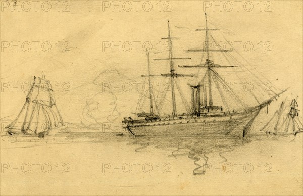 Three ships at sea, 1860-1865, drawing, 1862-1865, by Alfred R Waud, 1828-1891, an american artist famous for his American Civil War sketches, America, US