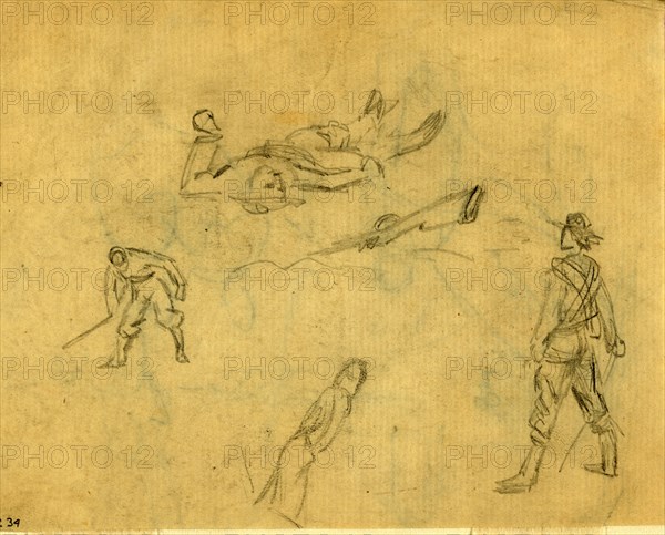 Studies of soldiers in various positions, 1860-1865, drawing, 1862-1865, by Alfred R Waud, 1828-1891, an american artist famous for his American Civil War sketches, America, US