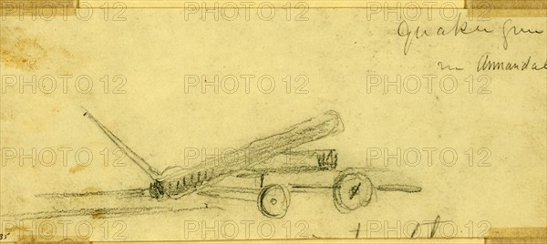 Quaker gun in Annandale, 1863 ca. October, drawing on white paper : pencil ; 7.1 x 17.5 cm. (sheet), 1862-1865, by Alfred R Waud, 1828-1891, an american artist famous for his American Civil War sketches, America, US