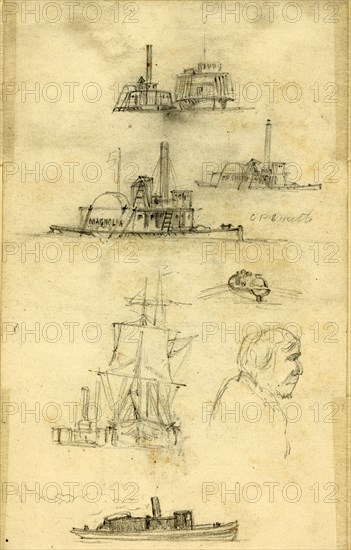 Broadside and bow views of eight ships and boats, and an unidentified profile bust portrait, between 1860 and 1865, drawing on white paper, pencil, 17.1 x 10.3 cm. (sheet), 1862-1865, by Alfred R Waud, 1828-1891, an american artist famous for his American Civil War sketches, America, US