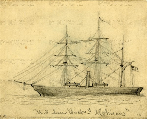 U.S. Gun Boat Mohican, between 1860 and 1865, drawing on cream paper, pencil, 8.3 x 10.4 cm. (sheet), 1862-1865, by Alfred R Waud, 1828-1891, an american artist famous for his American Civil War sketches, America, US
