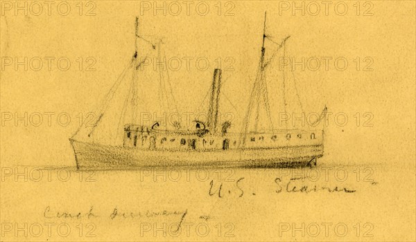 U.S. Steamer, between 1860 and 1865, drawing on tan paper, pencil, 8.3 x 14.7 cm. (sheet), 1862-1865, by Alfred R Waud, 1828-1891, an american artist famous for his American Civil War sketches, America, US