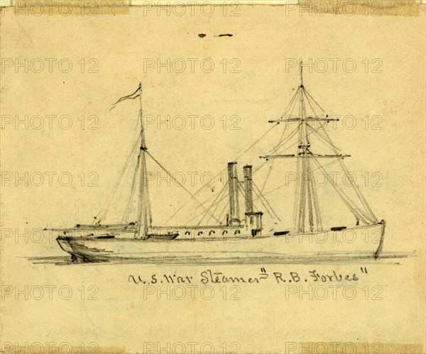 U.S. War Steamer R.B. Forbes, between 1860 and 1865, drawing on cream paper pencil, 8.4 x 10.4 cm. (sheet), 1862-1865, by Alfred R Waud, 1828-1891, an american artist famous for his American Civil War sketches, America, US