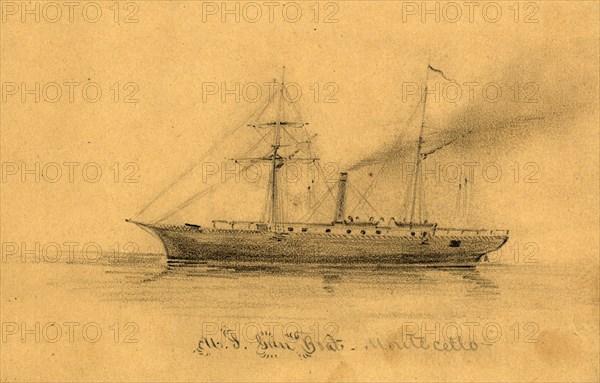 U.S. Gun Boat Montecello, between 1860 and 1865, drawing on tan paper pencil, 8.5 x 13.7 cm. (sheet), 1862-1865, by Alfred R Waud, 1828-1891, an american artist famous for his American Civil War sketches, America, US