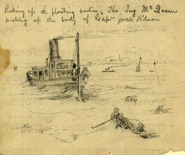 Picking up the floating bodies. The Tug McQueen picking up the body of Capt. Jack Wilson, between 1860 and 1865, drawing on cream paper pencil, 11 x 13.3 cm. (sheet), 1862-1865, by Alfred R Waud, 1828-1891, an american artist famous for his American Civil War sketches, America, US