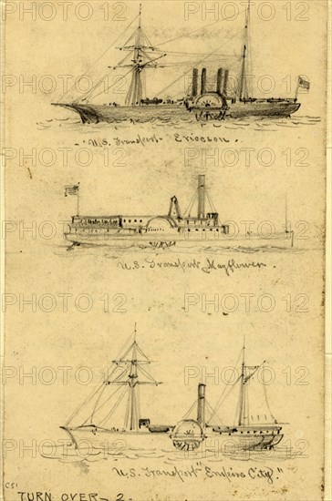 Broadside views of three sidewheel steamships: U.S. Transport Ericcson, U.S. Transport Mayflower, and U.S. Transport Empire City, between 1860 and 1865, drawing on cream paper pencil, 16.7 x 10.4 cm. (sheet), 1862-1865, by Alfred R Waud, 1828-1891, an american artist famous for his American Civil War sketches, America, US