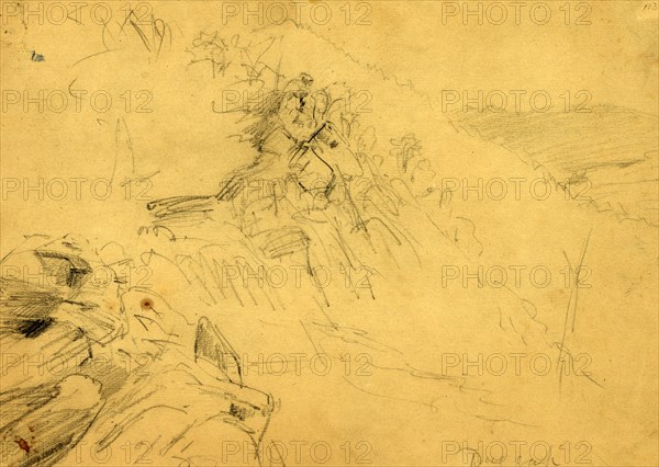 Dug Gap, 1864 May 8?, drawing on tan paper pencil, 17.4 x 25.2 cm. (sheet), 1862-1865, by Alfred R Waud, 1828-1891, an american artist famous for his American Civil War sketches, America, US