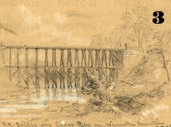 R.R. bridge over Cedar Run in Warrenton Junction, between 1860 and 1865, drawing on tan paper pencil and Chinese white, 7.8 x 10.6 cm. (sheet), 1862-1865, by Alfred R Waud, 1828-1891, an american artist famous for his American Civil War sketches, America, US