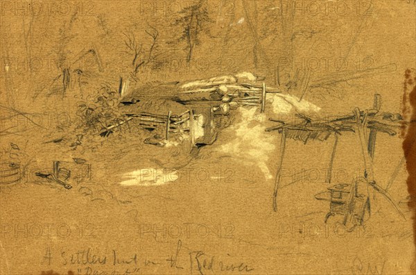A settlers hut on the Red river, between ca. 1863 and 1864, drawing on brown paper pencil and Chinese white, 17.3 x 26.7 cm. (sheet), 1862-1865, by Alfred R Waud, 1828-1891, an american artist famous for his American Civil War sketches, America, US