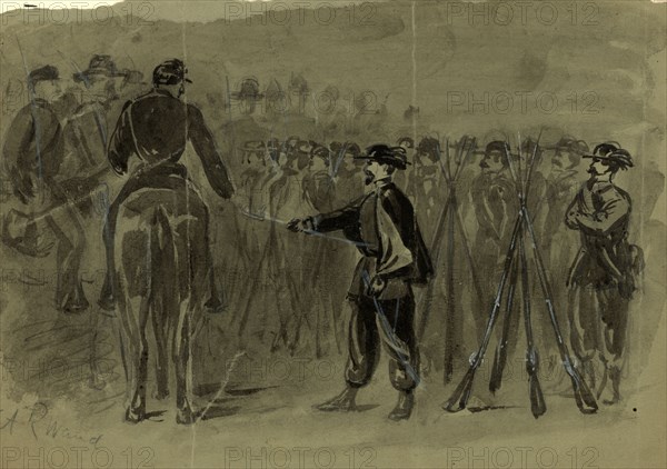 Surrender of the revolting Garibaldi Guards to the U.S. Cavalry, 1861 June 8, drawing, 1862-1865, by Alfred R Waud, 1828-1891, an american artist famous for his American Civil War sketches, America, US