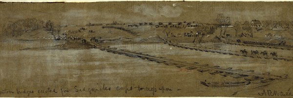 Pontoon bridges erected for Sedgwicks corps to cross upon, 1863, drawing on olive paper pencil and Chinese white, 10.6 x 35.0 cm. (sheet), 1862-1865, by Alfred R Waud, 1828-1891, an american artist famous for his American Civil War sketches, America, US
