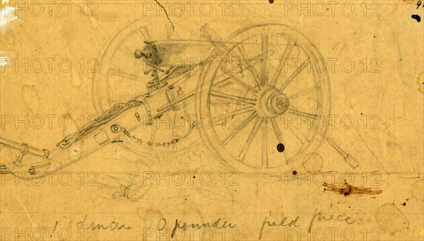 Rodman 10 pounder field piece, between 1860 and 1865, drawing on tan paper pencil, 9.9 x 18.1 cm. (sheet), 1862-1865, by Alfred R Waud, 1828-1891, an american artist famous for his American Civil War sketches, America, US