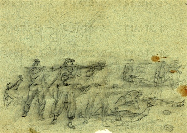 Wounded being carried away, 1864 May 6, drawing on olive paper pencil, 17.4 x 25.1 cm. (sheet), 1862-1865, by Alfred R Waud, 1828-1891, an american artist famous for his American Civil War sketches, America, US