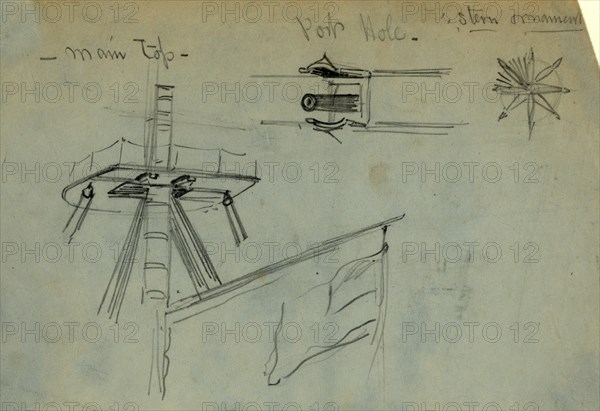 Three details of ship design, between 1860 and 1865, drawing on blue paper pencil, 13.6 x 20.6 cm. (sheet), 1862-1865, by Alfred R Waud, 1828-1891, an american artist famous for his American Civil War sketches, America, US