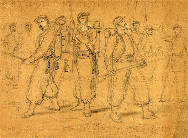 Elsworths Chicago Zouaves, 1861, drawing, 1862-1865, by Alfred R Waud, 1828-1891, an american artist famous for his American Civil War sketches, America, US