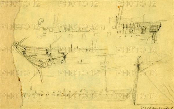 Merrimac, between 1860 and 1865, drawing on cream paper pencil, 17.5 x 25.6 cm. (sheet),  1862-1865, by Alfred R Waud, 1828-1891, an american artist famous for his American Civil War sketches, America, US