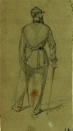 Single figure in uniform, seen from the rear, between 1860 and 1865, drawing on olive paper pencil, 10.5 x 5.6 cm. (sheet),  1862-1865, by Alfred R Waud, 1828-1891, an american artist famous for his American Civil War sketches, America, US