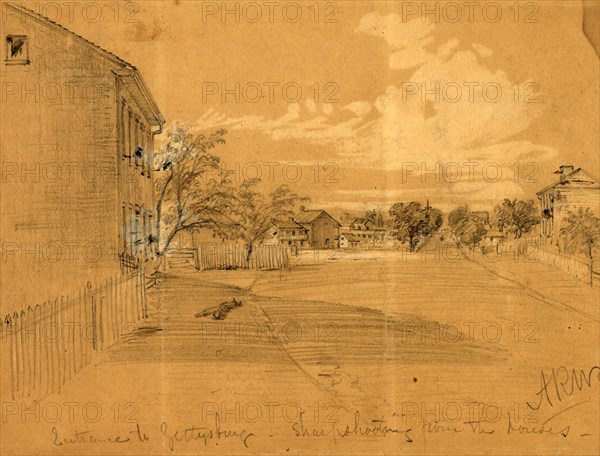 Entrance to Gettysburg, sharpshooting from the houses, 1863 July, drawing on light brown paper, pencil and Chinese white, 17.8 x 24.1 cm. (sheet), 1862-1865, by Alfred R Waud, 1828-1891, an american artist famous for his American Civil War sketches, America, US