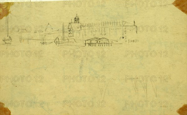 Unidentified city view, capitol done in distance, between 1860 and 1865, drawing on cream paper pencil, 14.2 x 23.9 cm. (sheet), 1862-1865, by Alfred R Waud, 1828-1891, an american artist famous for his American Civil War sketches, America, US