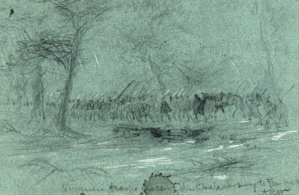 Sumners troops crossing the Chickahominy to Fair Oaks, 1862 May 31, drawing on blue paper pencil and Chinese white, 15.7 x 25.0 cm. (sheet), 1862-1865, by Alfred R Waud, 1828-1891, an american artist famous for his American Civil War sketches, America, US