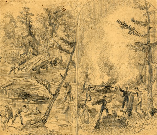 Building military bridges. Making charcoal for the army force, between 1860 and 1865, drawing on tan paper pencil, 18.4 x 21.5 cm. (sheet), 1862-1865, by Alfred R Waud, 1828-1891, an american artist famous for his American Civil War sketches, America, US