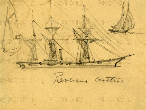 Revenue cutter, between 1860 and 1865, drawing on cream paper pencil, 8.8 x 11.8 cm. (sheet),  1862-1865, by Alfred R Waud, 1828-1891, an american artist famous for his American Civil War sketches, America, US