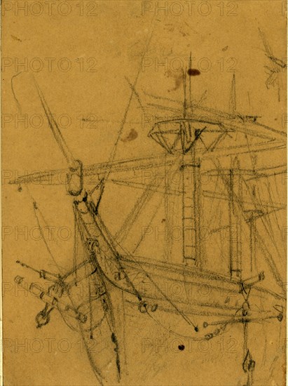 View of ships bow and rigging, between 1860 and 1865, drawing on brown paper pencil, 14.0 x 8.9 cm. (sheet),  1862-1865, by Alfred R Waud, 1828-1891, an american artist famous for his American Civil War sketches, America, US