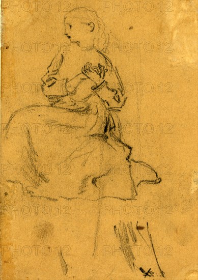 Young girl with clasped hands, between 1860 and 1865, drawing on brown paper pencil, 14.0 x 8.9 cm. (sheet),  1862-1865, by Alfred R Waud, 1828-1891, an american artist famous for his American Civil War sketches, America, US