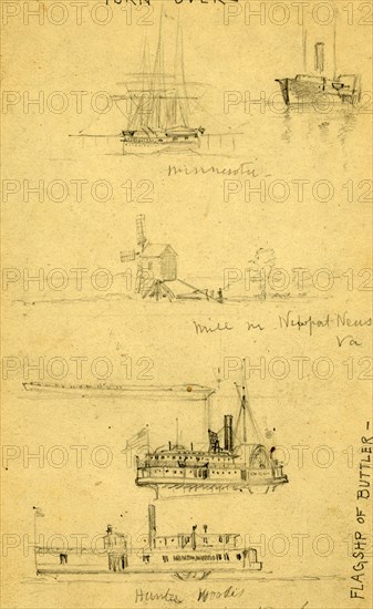 Views of ships and a mill, between 1860 and 1865, drawing on cream paper pencil, 17.5 x 10.3 cm. (sheet),  1862-1865, by Alfred R Waud, 1828-1891, an american artist famous for his American Civil War sketches, America, US