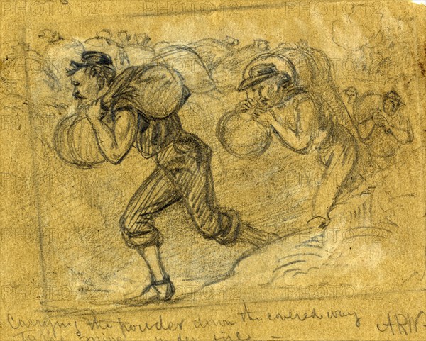 Carrying the powder down the covered way to the mine under fire, 1864 ca. July 30, drawing on green paper pencil and Chinese white 10.9 x 13.6 cm. (sheet),  1862-1865, by Alfred R Waud, 1828-1891, an american artist famous for his American Civil War sketches, America, US