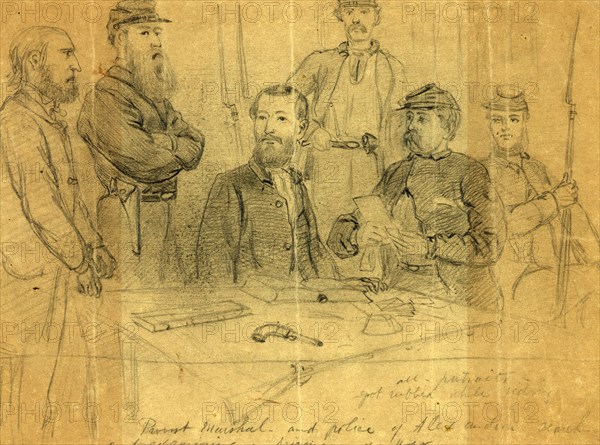 Provost Marshal--and police of Alexandria searching and examining a prisoner of war, 1861 ca. July, drawing on brown paper pencil, 19.8 x 27.2 cm. (sheet),  1862-1865, by Alfred R Waud, 1828-1891, an american artist famous for his American Civil War sketches, America, US